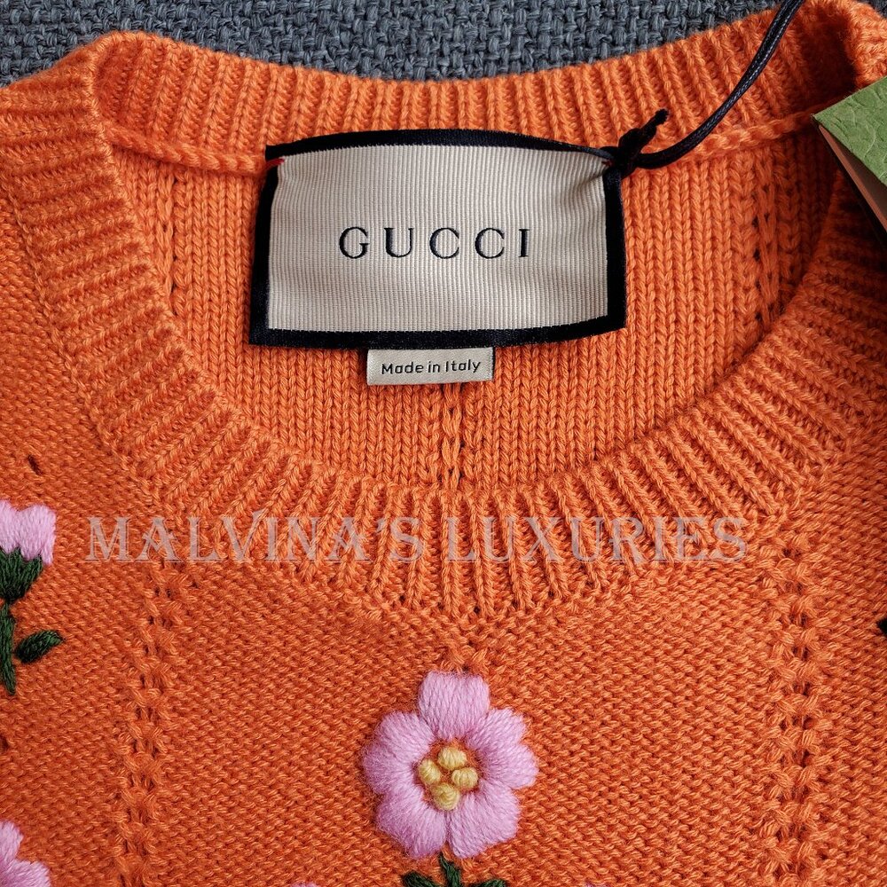 GUCCI SWEATER ORANGE WOOL BLEND FLORAL EMBROIDERED JUMPER sz XS EXTRA SMALL - Picture 11 of 16